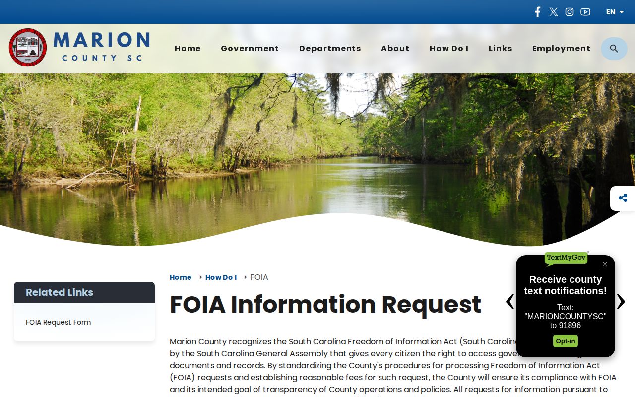 Marion County official FOIA page for a booking record or booking photo request