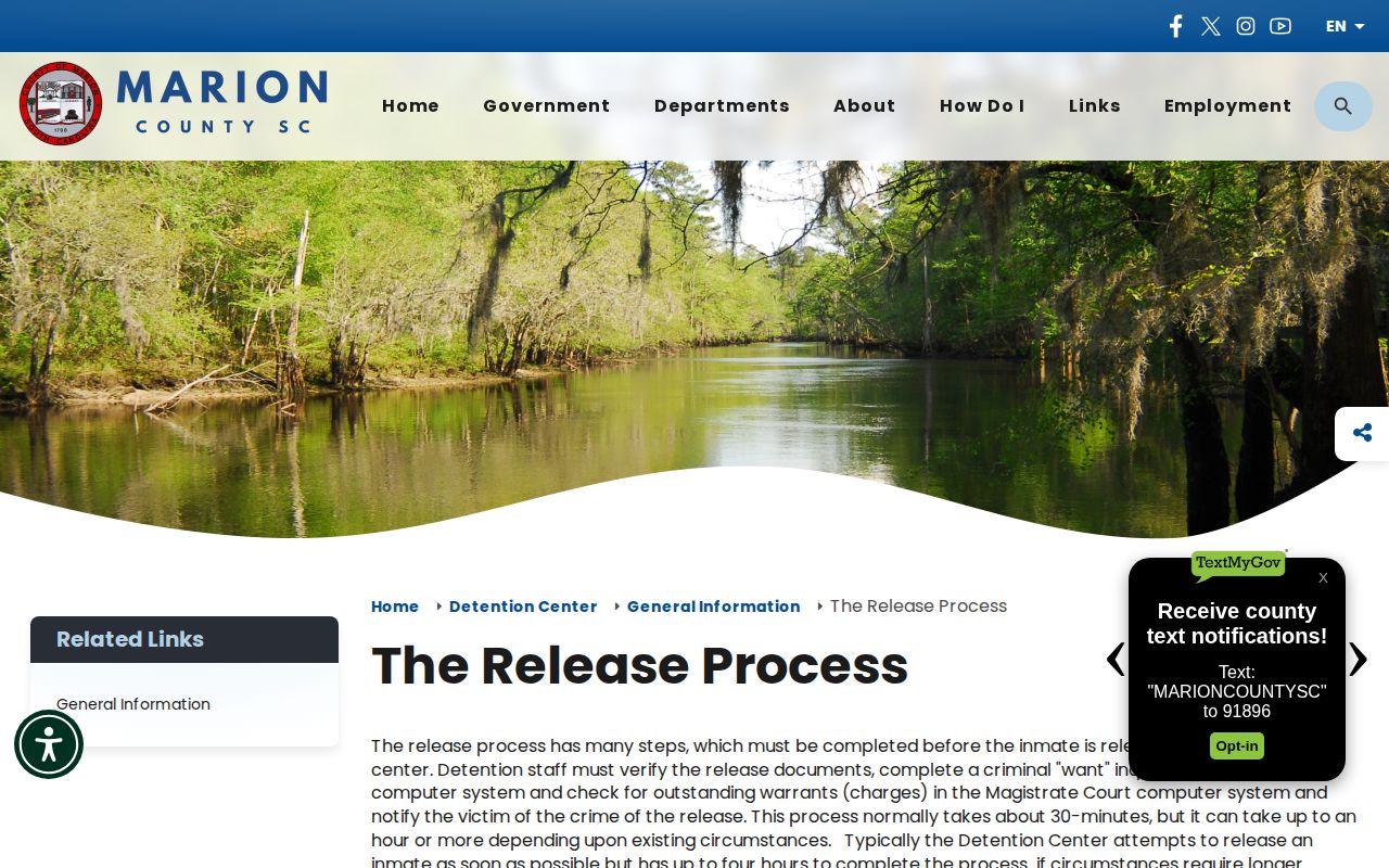 Marion County Detention Center official release process and booking status information