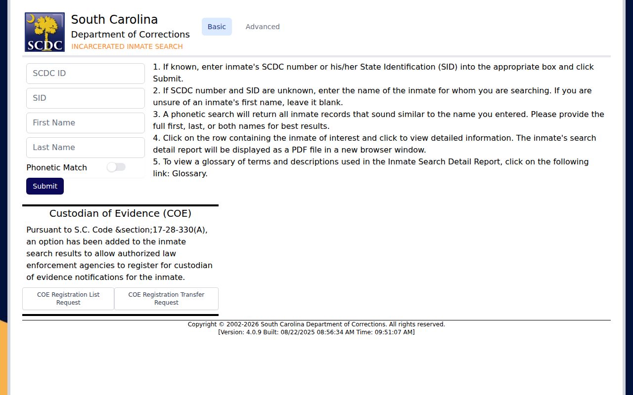 South Carolina Department of Corrections offender search for state custody records